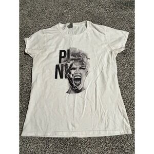 Womens Pink Graphic‎ T-Shirt Band Tee Short Sleeve Medium White
